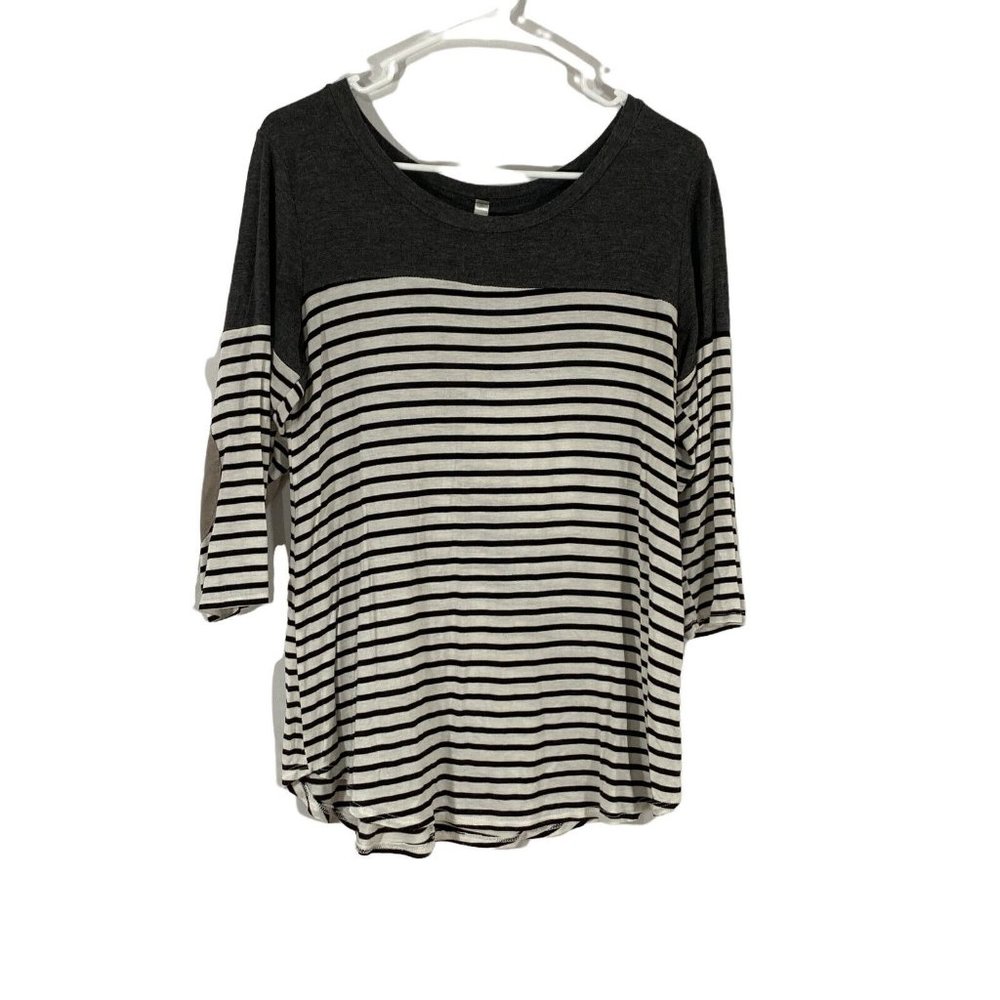 Magic Fit Womens White Striped 3/4 Sleeves Crew Neck Casual T Shirt Size L
